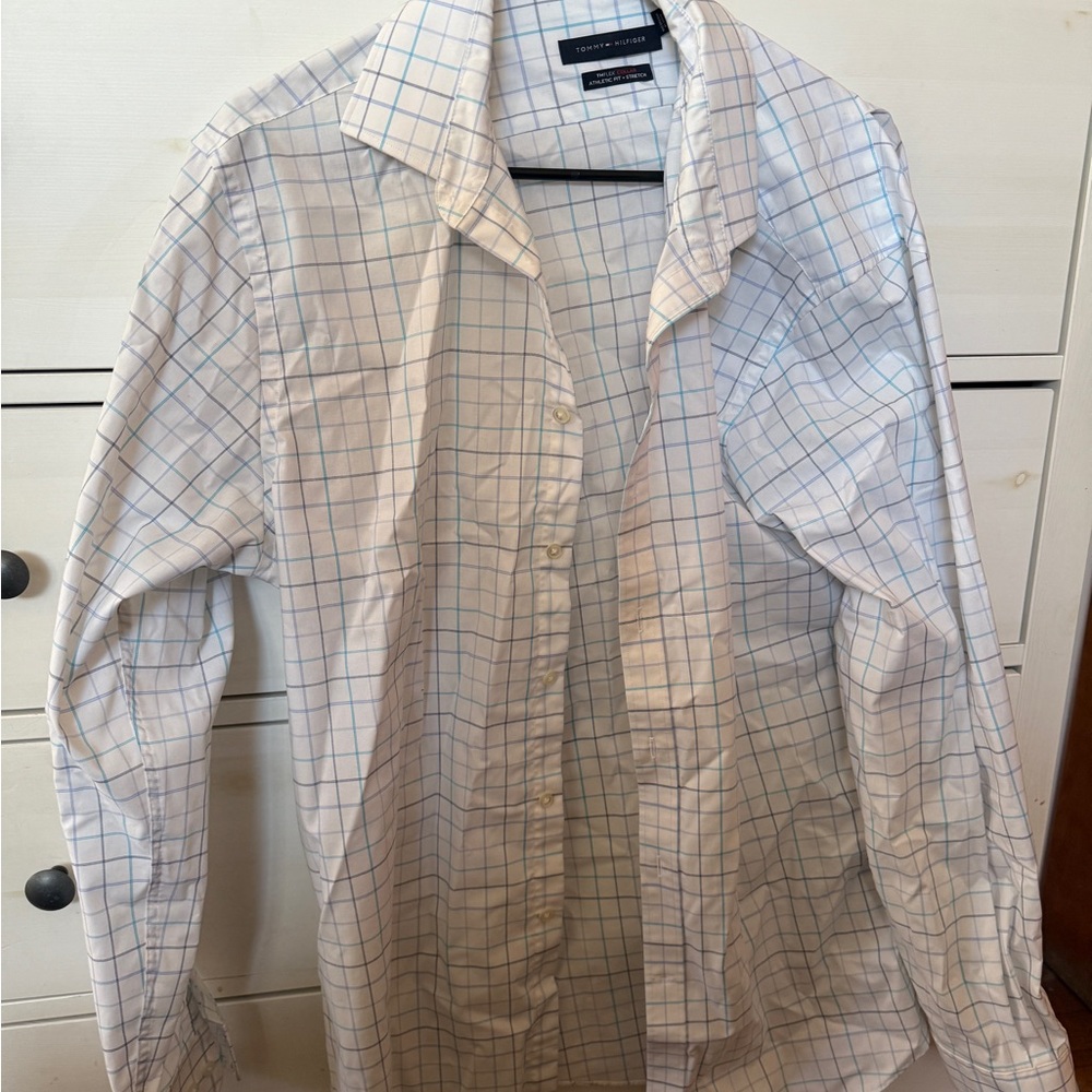 Tommy Hilfiger Men's Blue and White Plaid Shirt